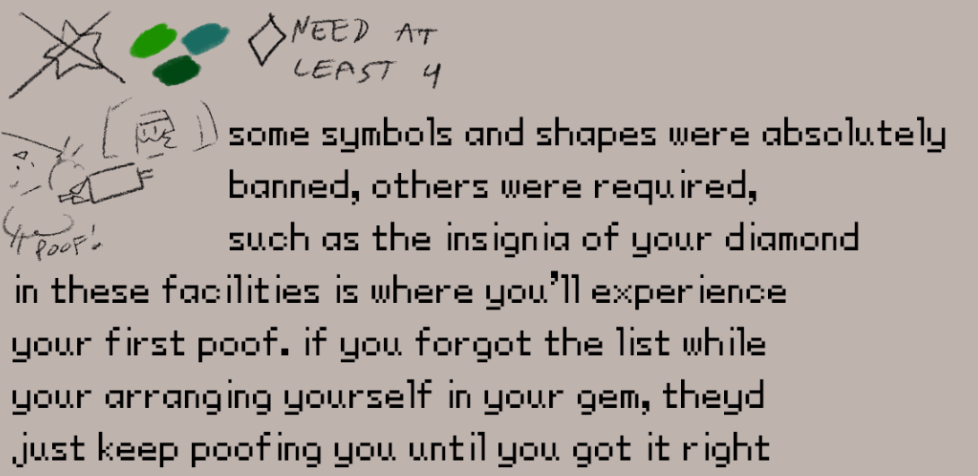 some symbols and shapes were absolutely
banned, others were required, 
such as the insignia of your diamond. in these facilities is where you'll experience
your first poof. if you forgot the list while
your arranging yourself in your gem, theyd
just keep poofing you until you got it right