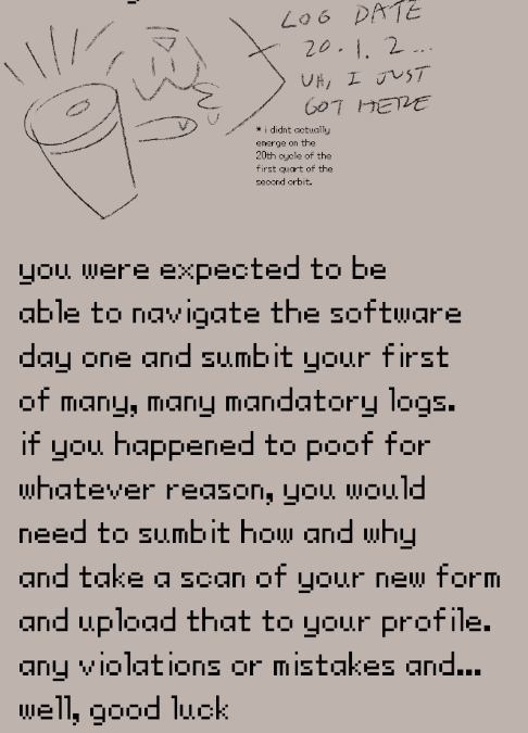 you were expected to be
able to navigate the software
day one and sumbit your first
of many, many mandatory logs.
if you happened to poof for
whatever reason, you would
need to sumbit how and why
and take a scan of your new form
and upload that to your profile.
any violations or mistakes and...
well, good luck
