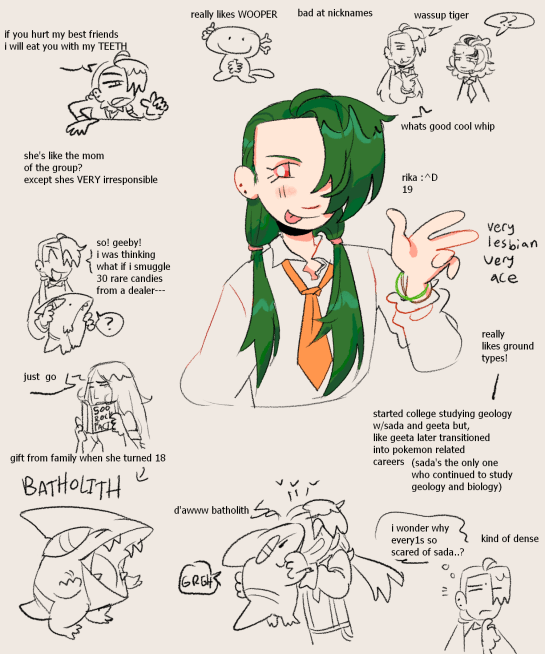 sketches of rika pokemon with my headcanons in text form scattered about